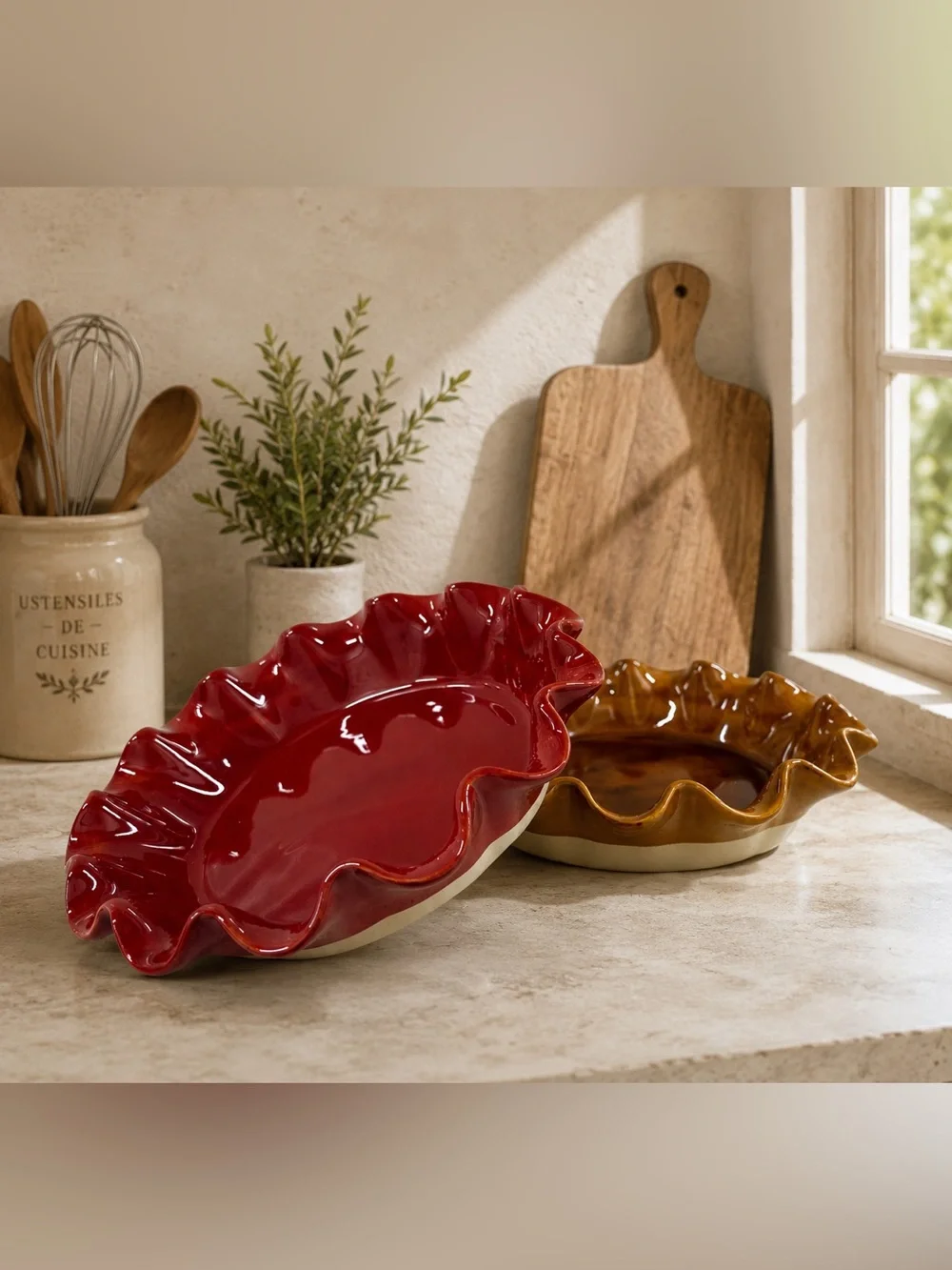 Emile Henry France 61.87 Ruffled Pie Dishes Set of 2 Red Brown Ceramic